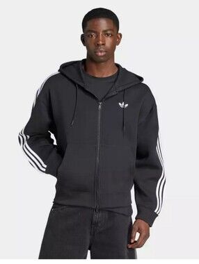 adidas Originals Black Zip-Up Hoodie w White Three-Stripes & Trefoil - EUC - XL